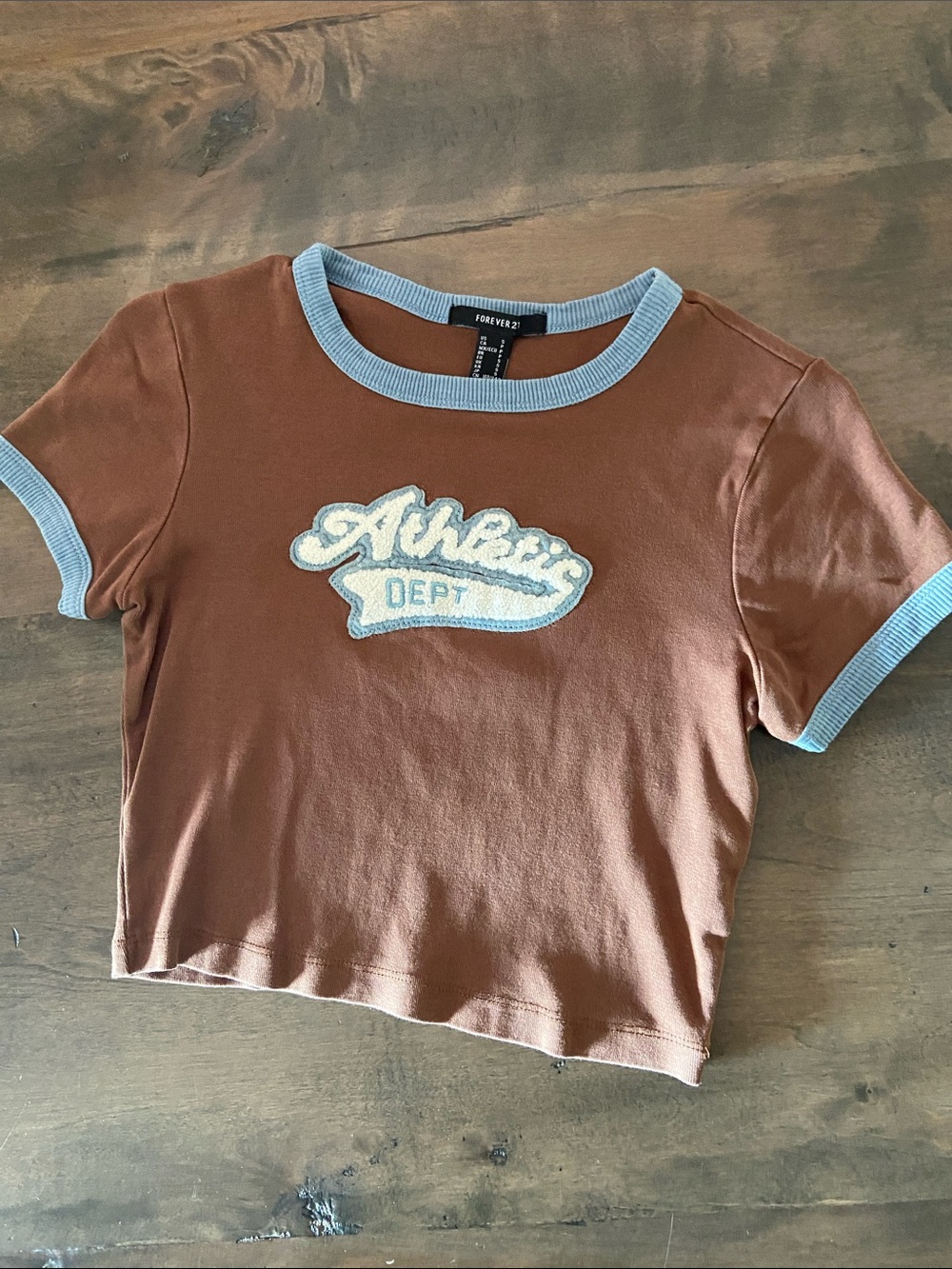 Forever 21 Kids Brown Tee with Light Blue Trim and Athletic Patch